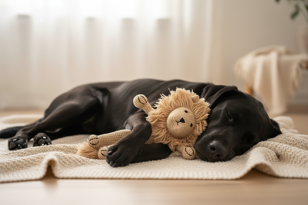 León Crochet – Labrador abrazándolo mientras duerme