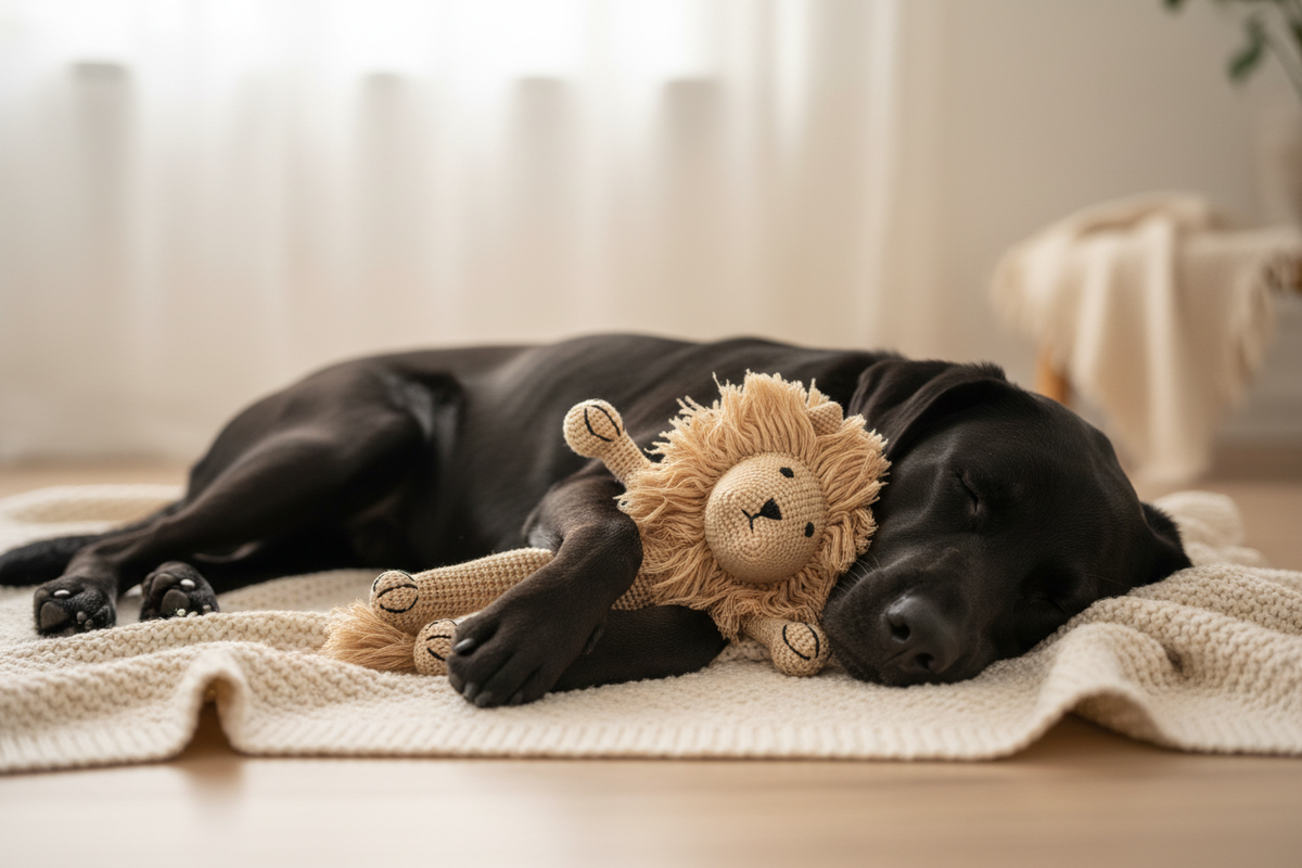 León Crochet – Labrador abrazándolo mientras duerme